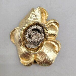 Rose Scarf Clip Gold and Silver Tone Flower Textured Petals Vintage